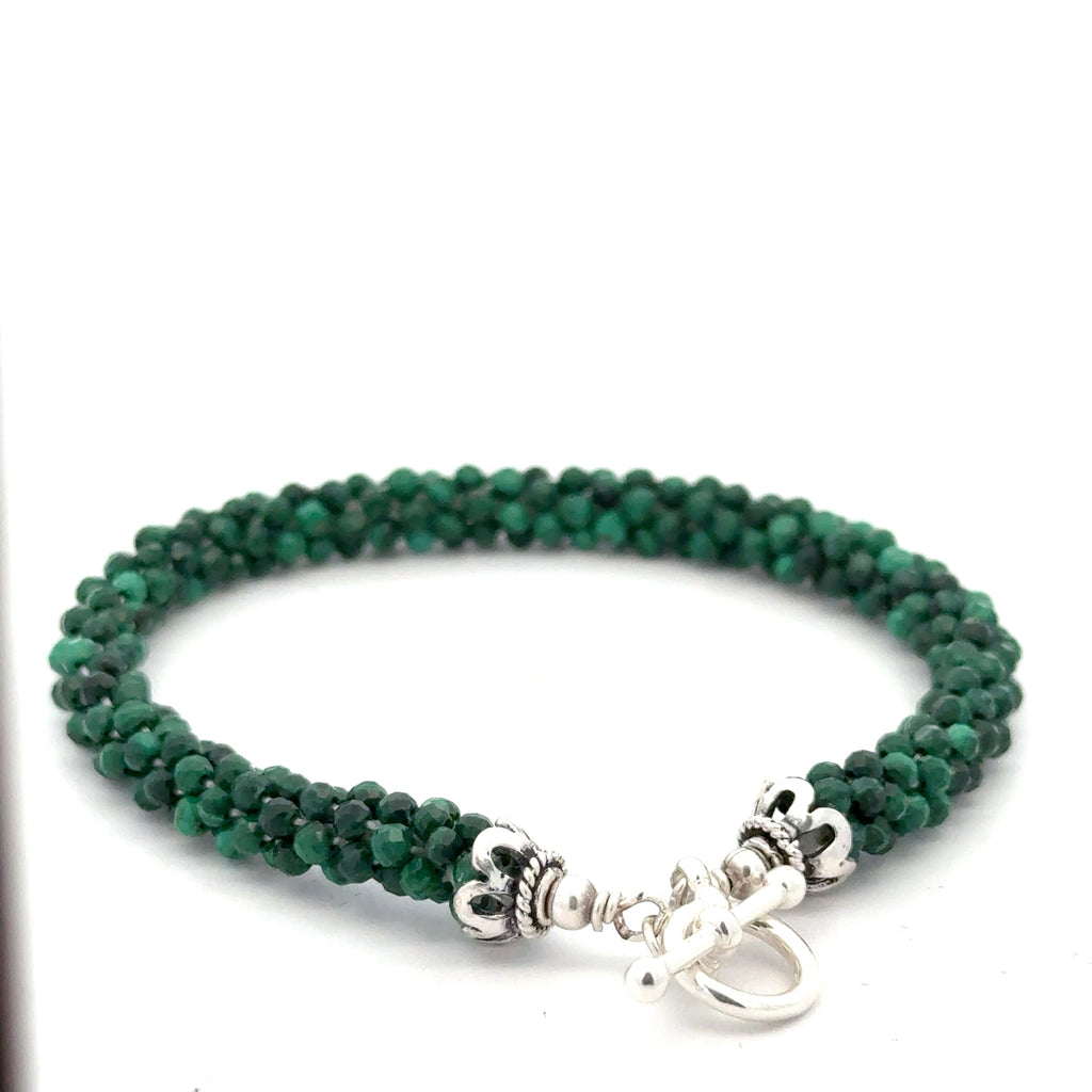 Crocheted Gemstone Malachite Bracelet on white back view