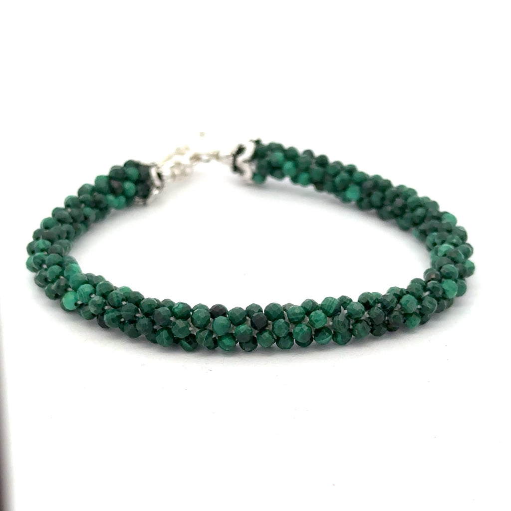 Crocheted Gemstone Malachite Bracelet on white front  close up view