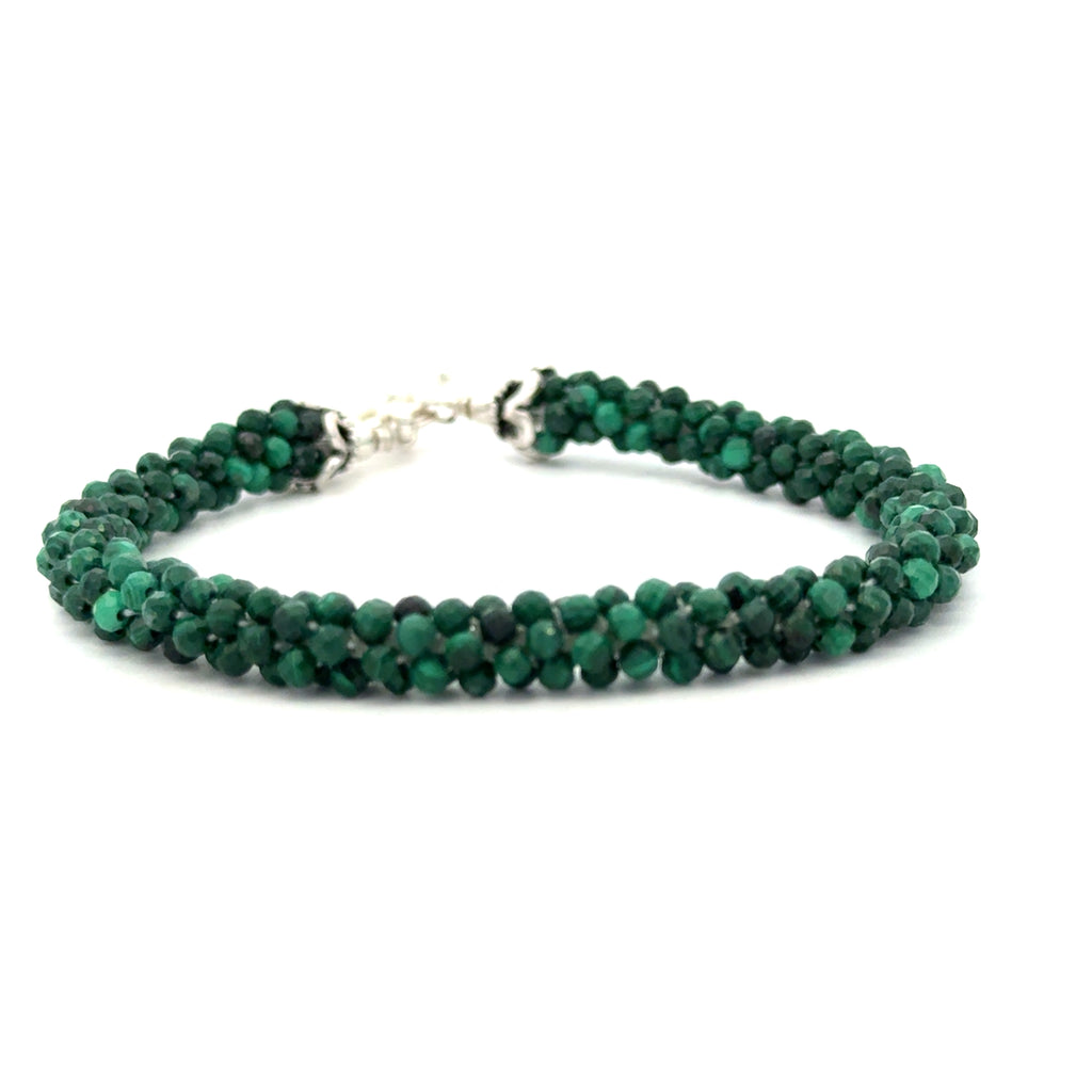 Crocheted Gemstone Malachite Bracelet on white front view
