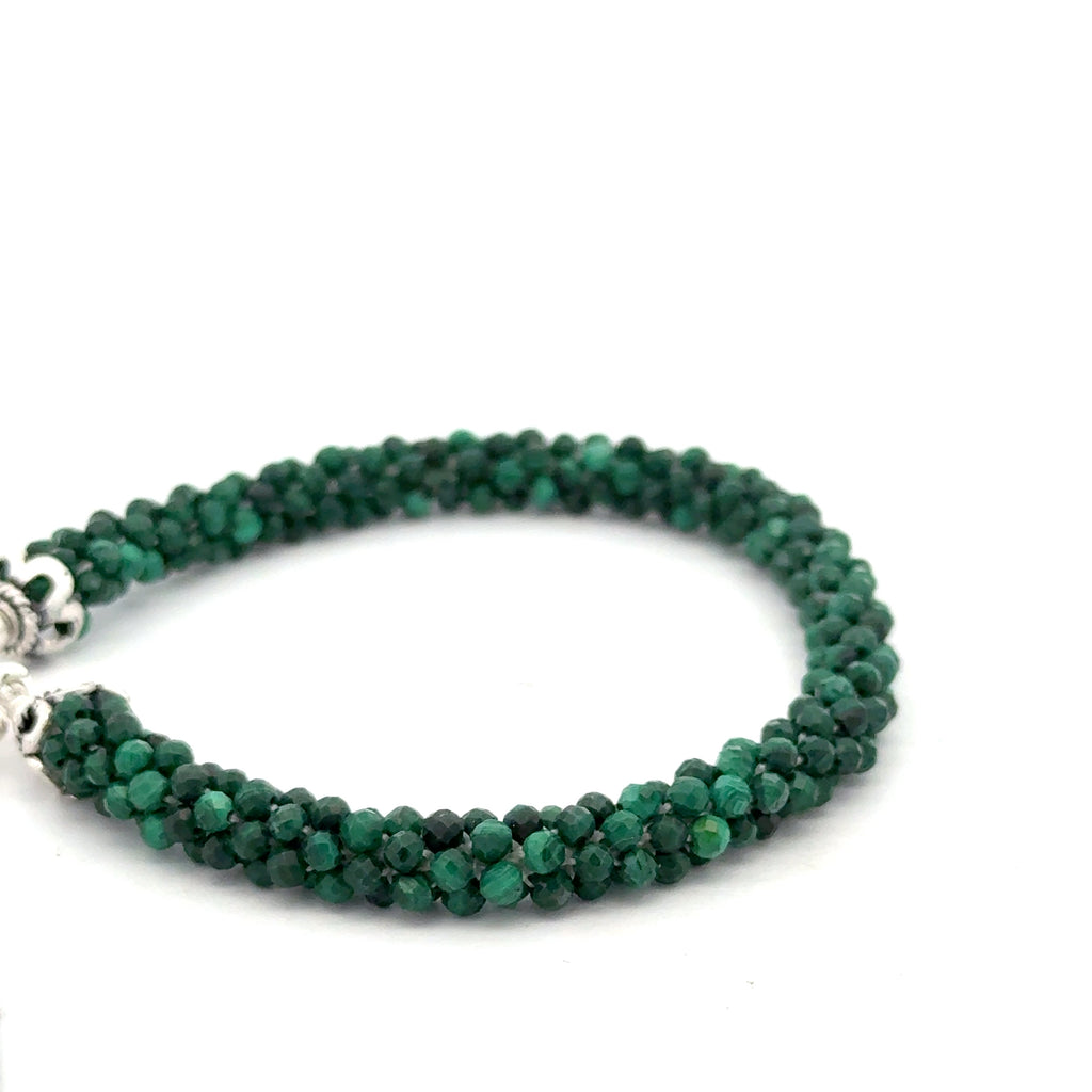 Crocheted Gemstone Malachite Bracelet on white left side view