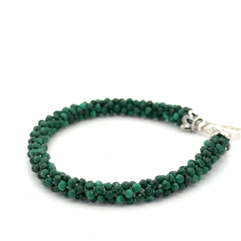 Crocheted Gemstone Malachite Bracelet on white right side view