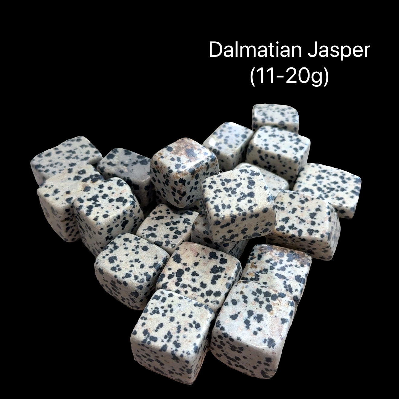 Dalmation Jasper stones with a weight range (11-20g) on a black background, front view.