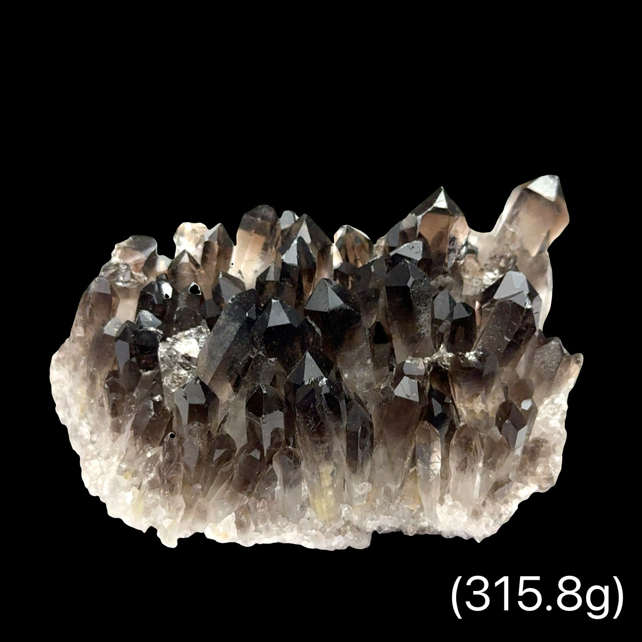 Deep smoky gray Quartz cluster with crystalline structure for electromagnetic protection weighs (315.8g), on a black background, front view.