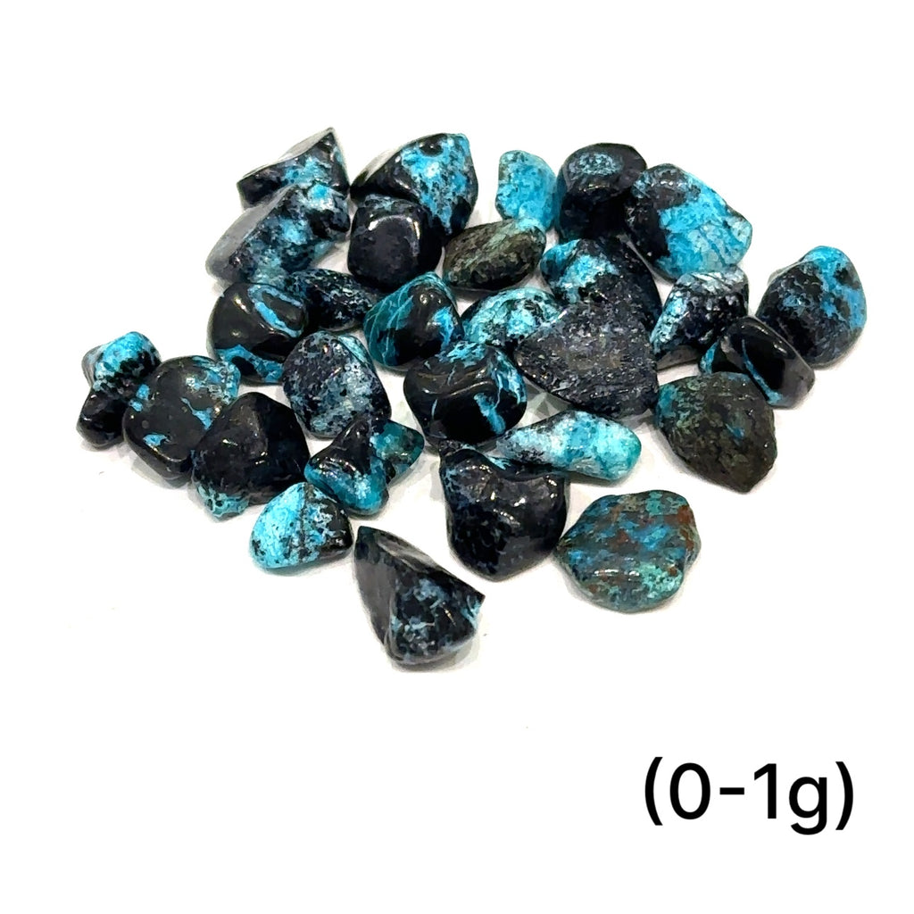Detailed macro of Azurite and Chrysocolla stone showing mineral patterns and natural shimmer of (0-1g) on white overview