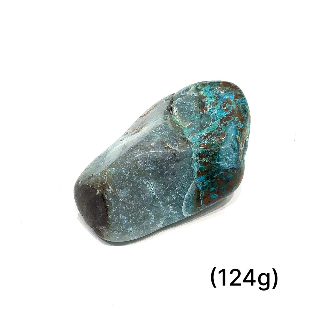 Detailed macro of Azurite and Chrysocolla stone showing mineral patterns and natural shimmer of (124g) on white overview