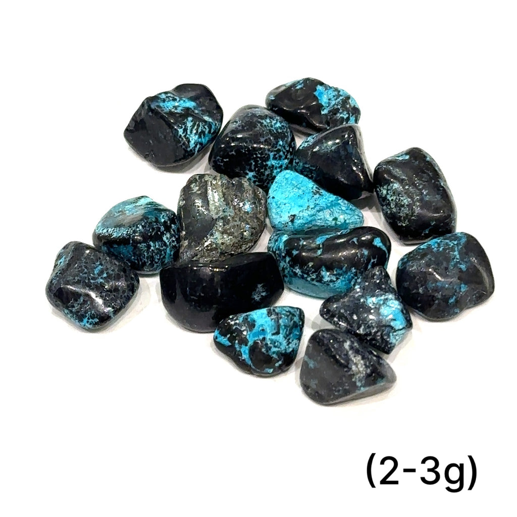 Detailed macro of Azurite and Chrysocolla stone showing mineral patterns and natural shimmer of (2-3g) on white overview