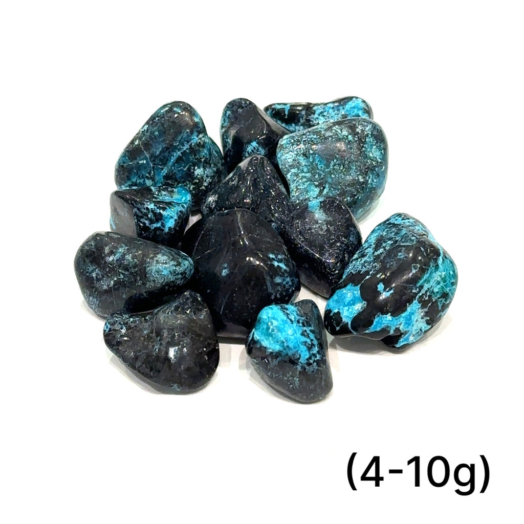Detailed macro of Azurite and Chrysocolla stone showing mineral patterns and natural shimmer of (4-10g) on white overview