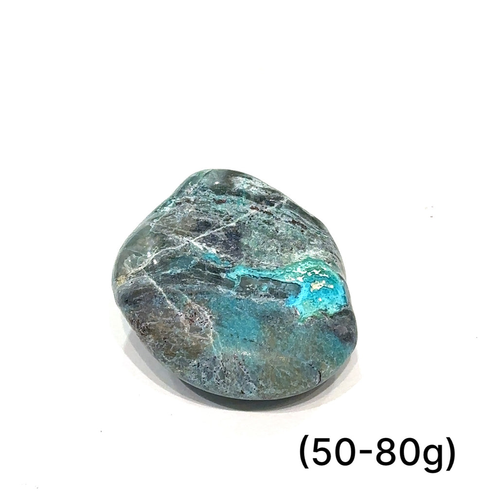 Detailed macro of Azurite and Chrysocolla stone showing mineral patterns and natural shimmer of (50-80g) on white overview