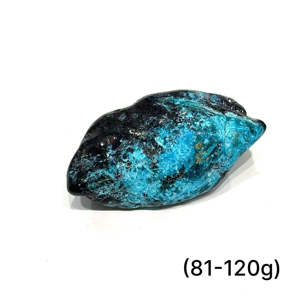 Detailed macro of Azurite and Chrysocolla stone showing mineral patterns and natural shimmer of (81-120g) on white overview