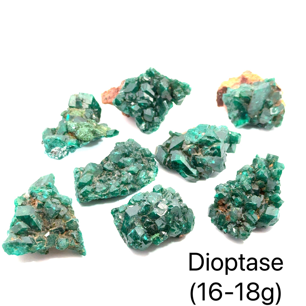 Dioptase Gemstone grouping on white 16-18g overview