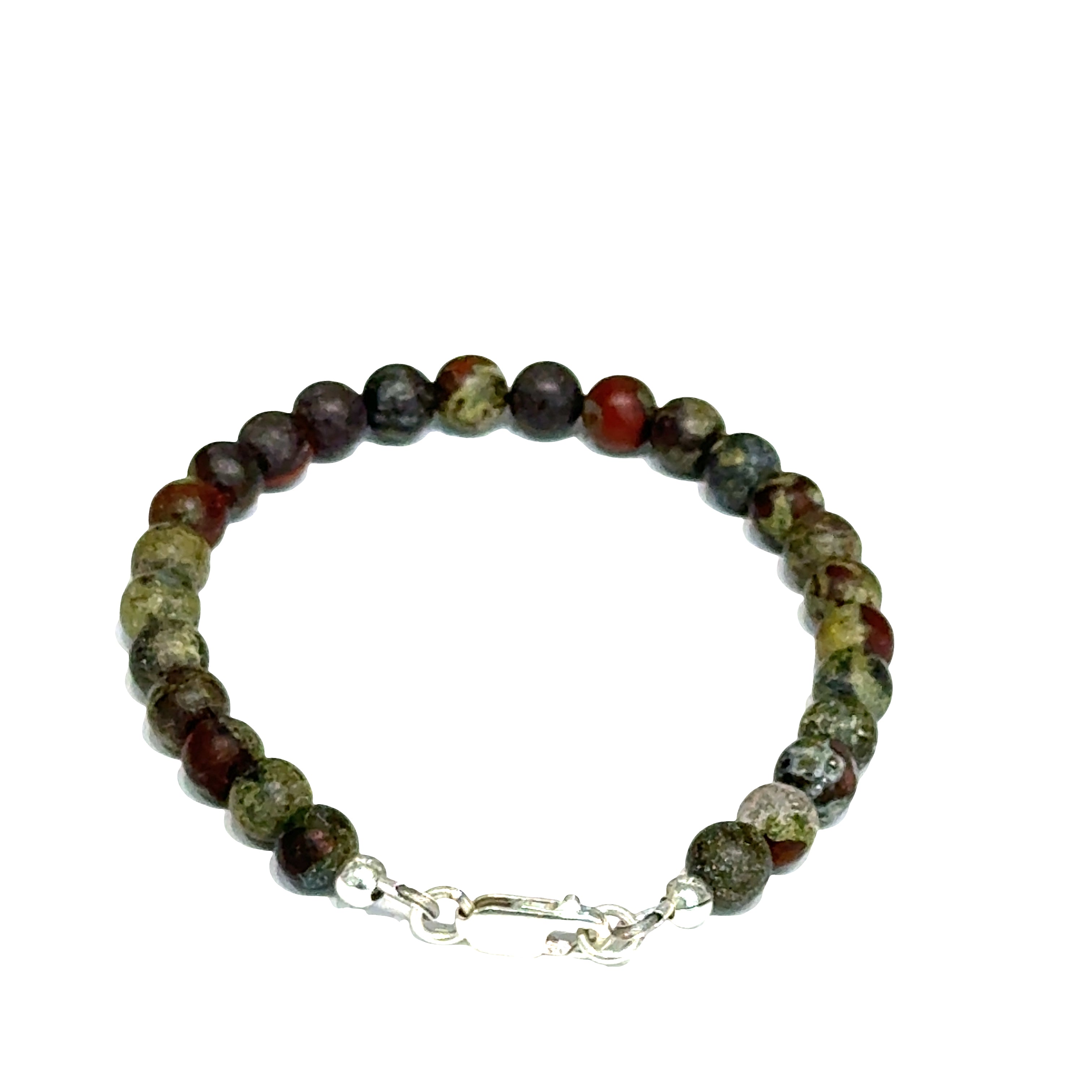 Dragon Blood Jasper gemstone beaded bracelet with sterling silver  lobster claw clasp showing red and green natural patterns  on a white background, back view. 