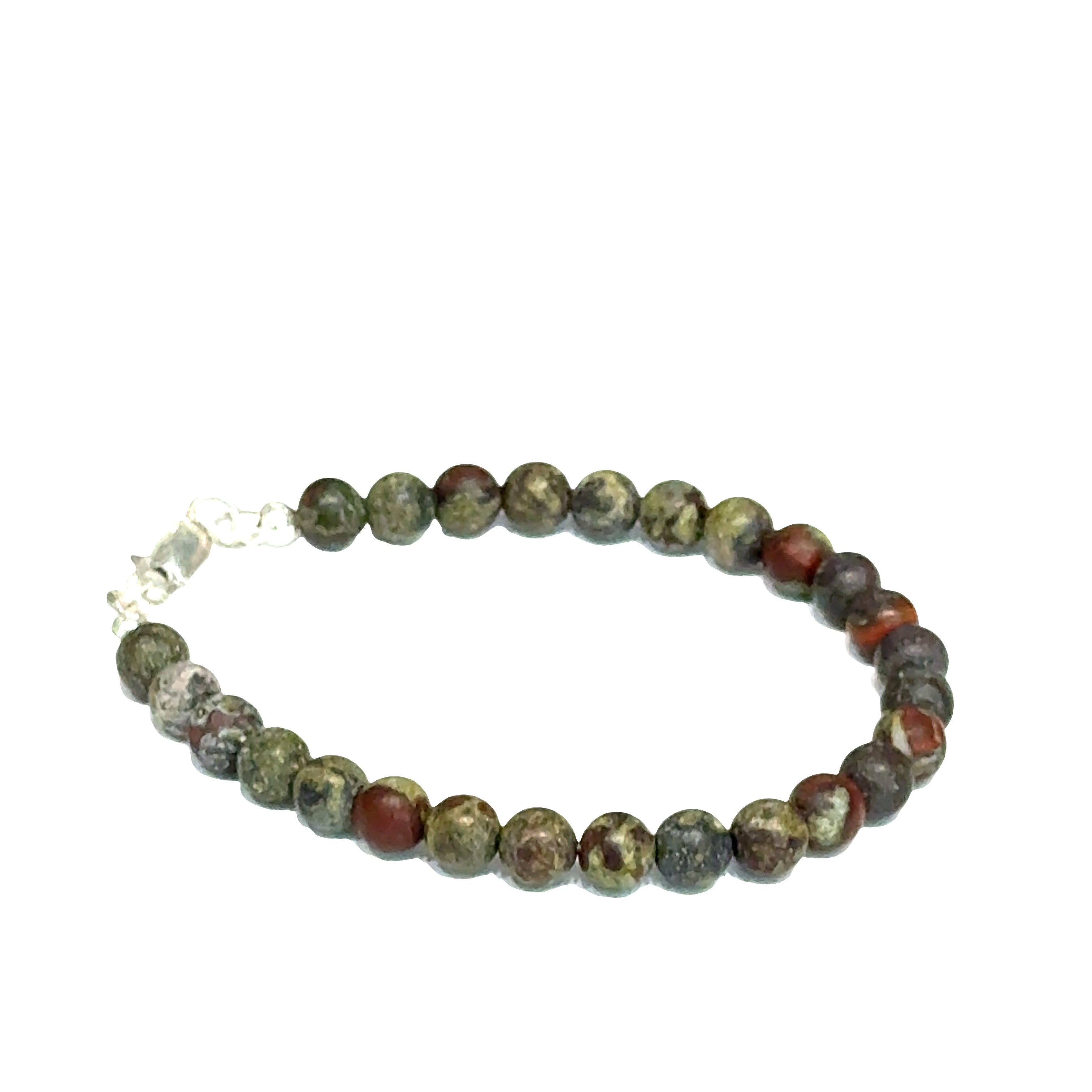 Dragon Blood Jasper gemstone beaded bracelet with sterling silver  lobster claw clasp showing red and green natural patterns  on a white background, right angle view. 