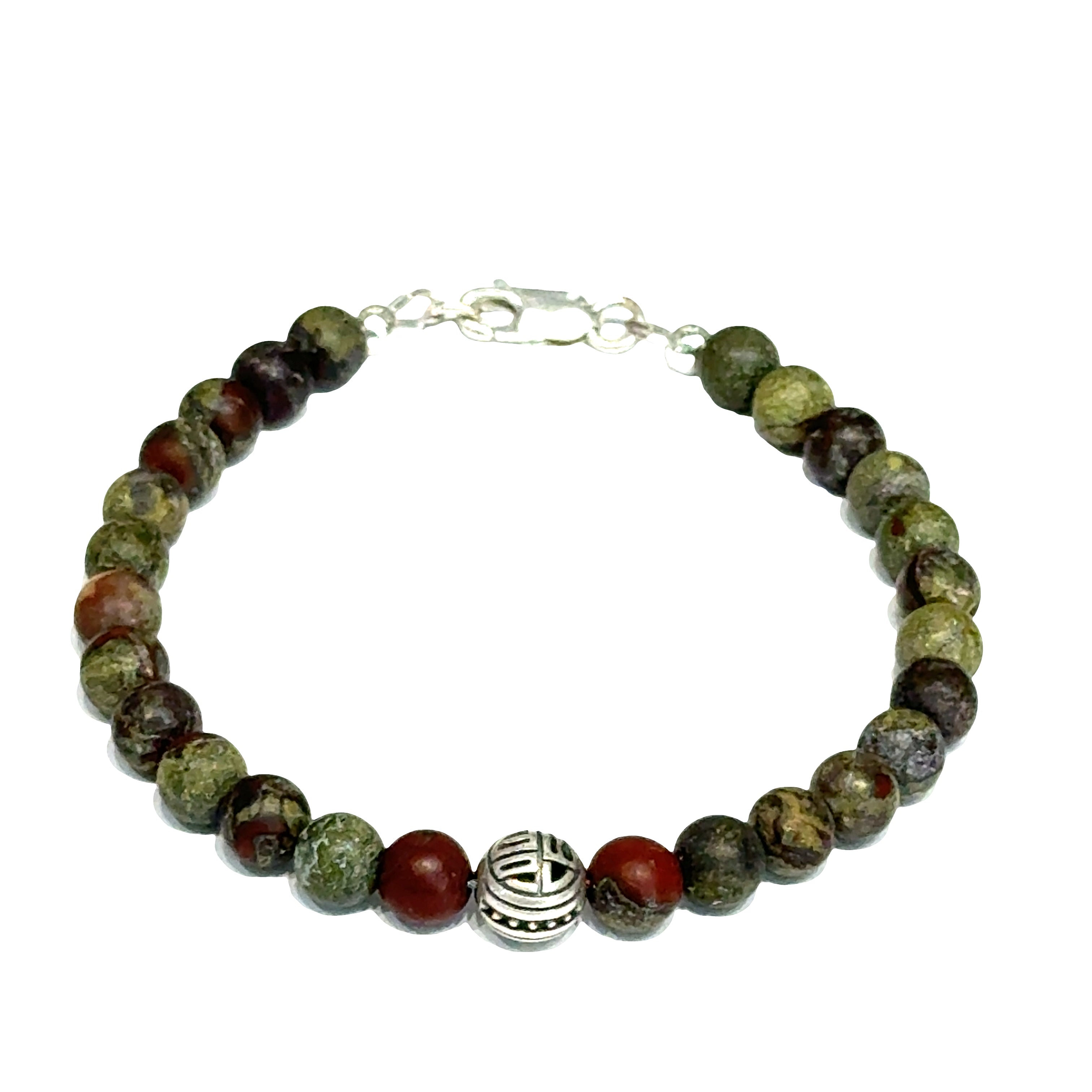 Dragon Blood Jasper gemstone beaded bracelet with sterling silver pattern bead and a lobster claw clasp showing red and green natural patterns  on a white background, front view. 