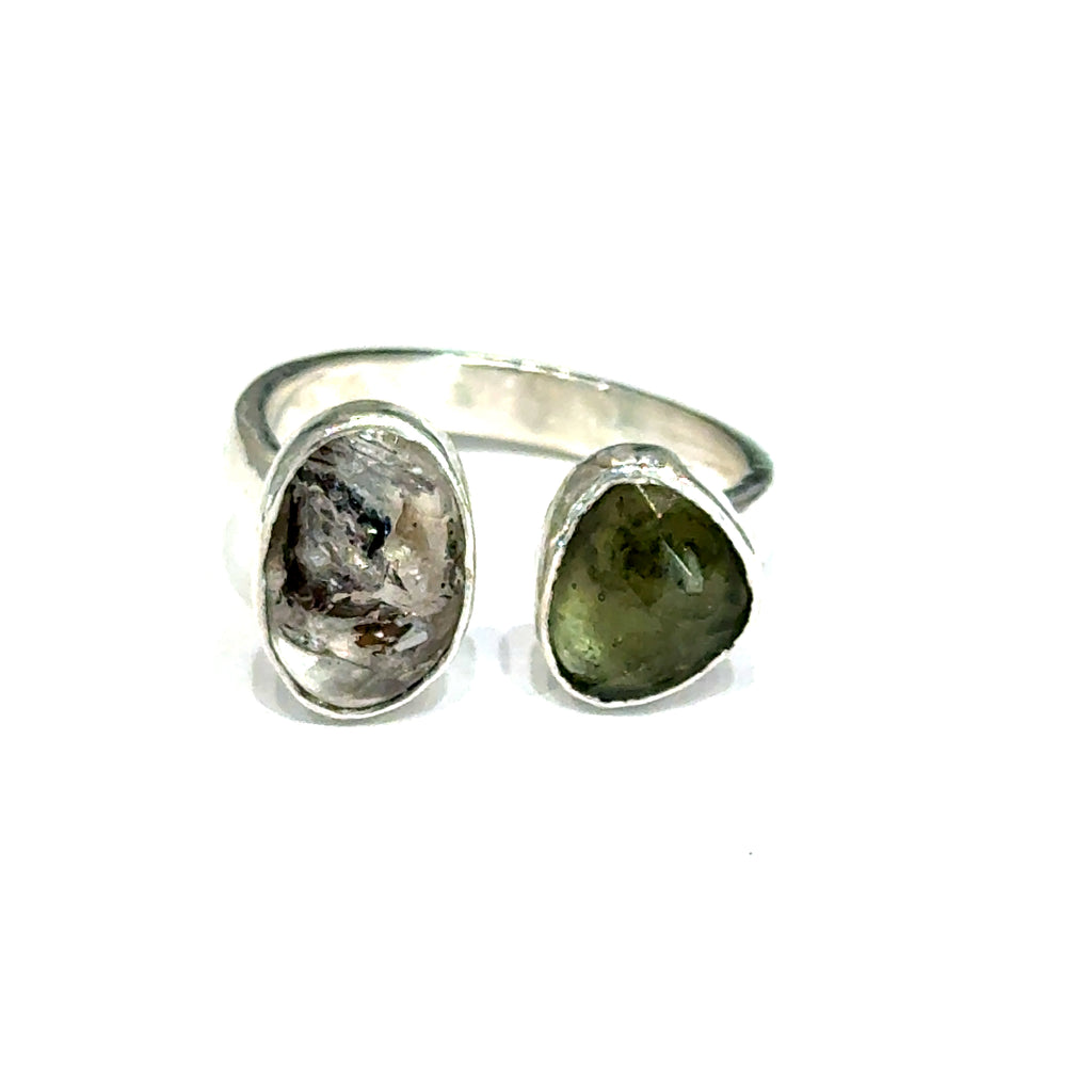Dream Maker sterling silver ring featuring Moldavite and Herkimer Diamond gemstones on a simple 3mm band, handcrafted by Hidden Jewel of the South End on a white background front and center view.