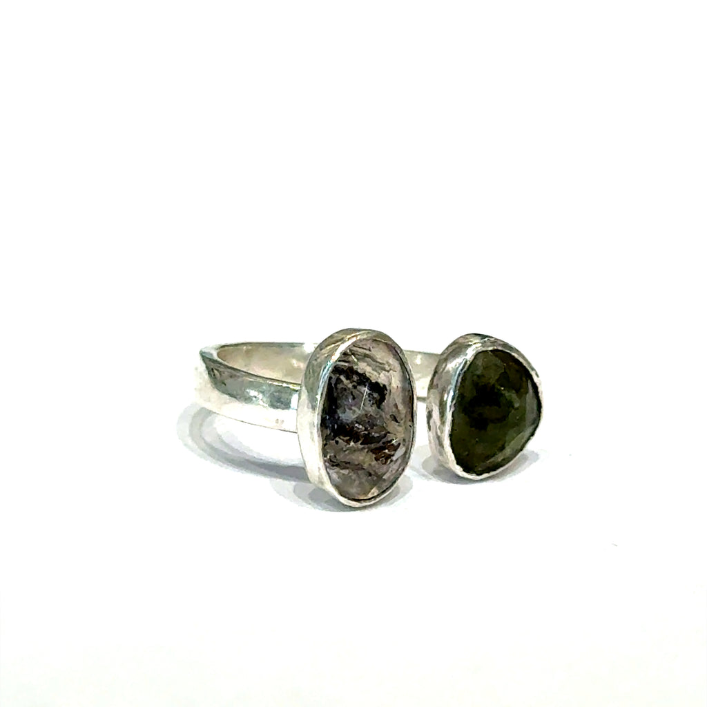 Dream Maker sterling silver ring featuring Moldavite and Herkimer Diamond gemstones on a simple 3mm band, handcrafted by Hidden Jewel of the South End on a white background left front angle view.