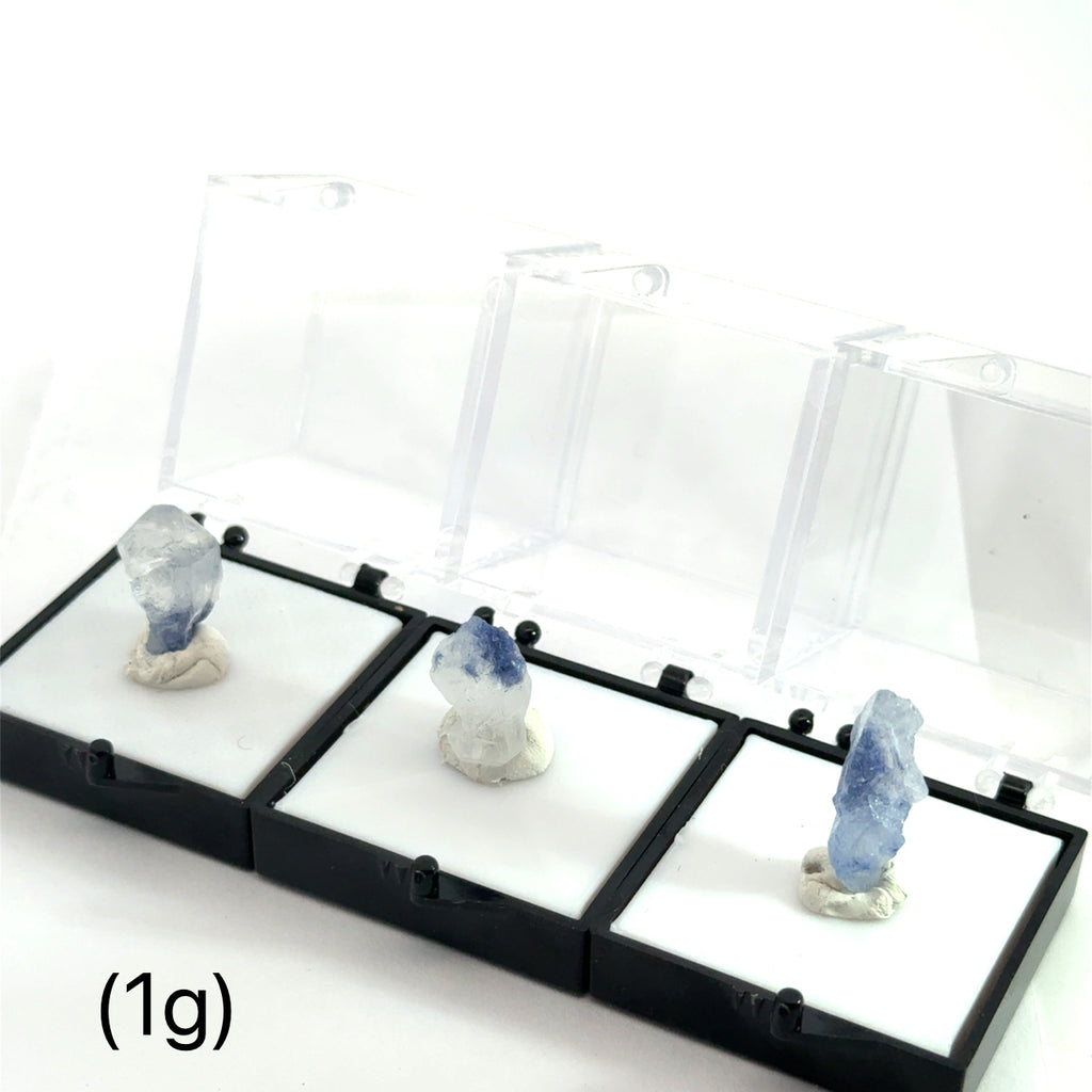 Dumortierite in Quartz 1g on white in perky box front view 