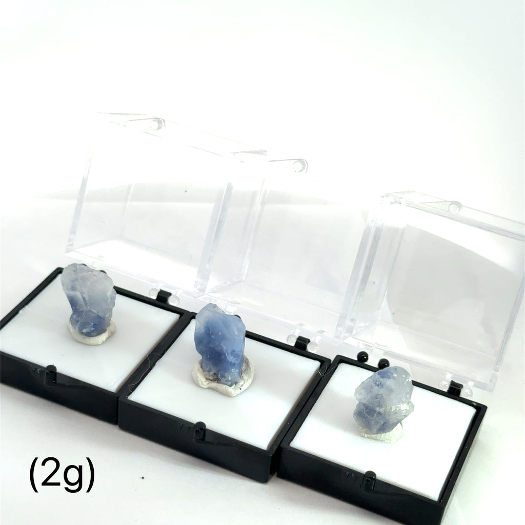 Dumortierite in Quartz 2g on white in perky box front view 