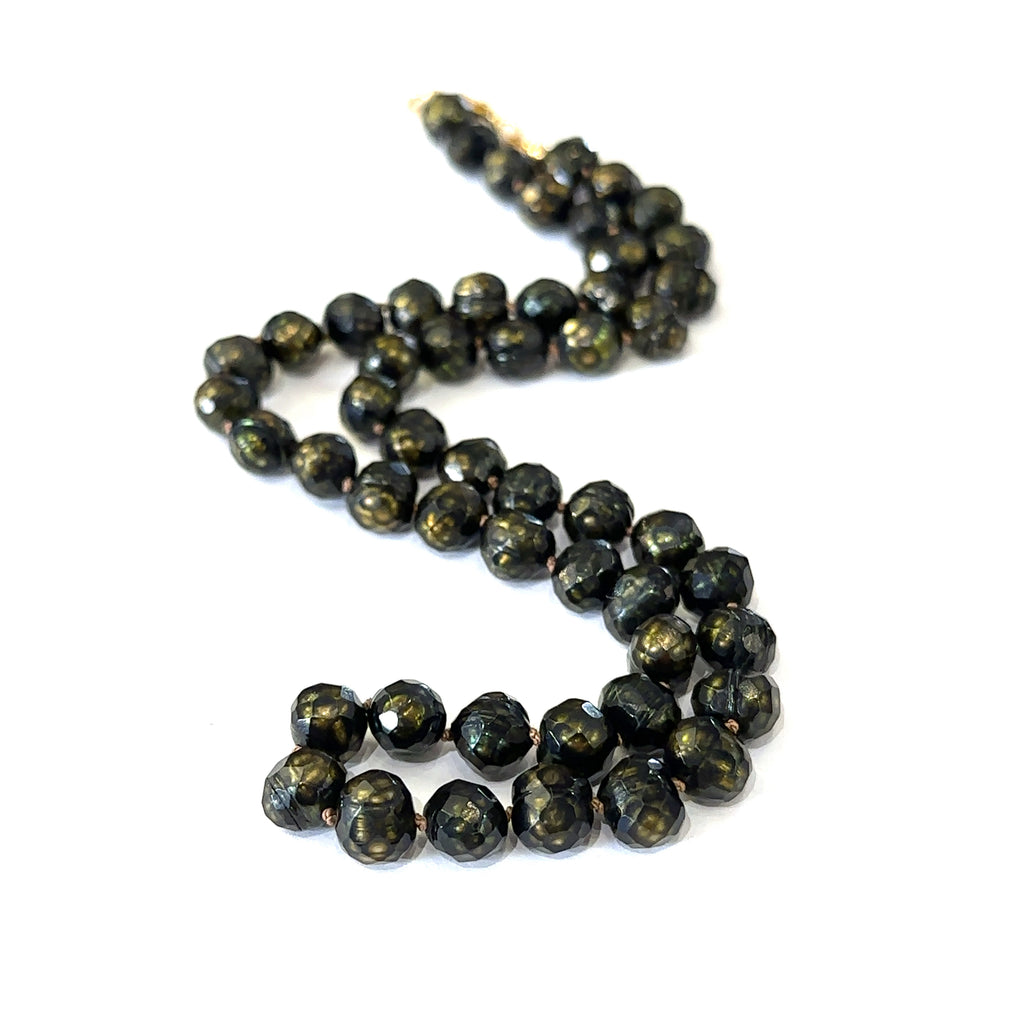 Elegant 18 inch black pearl necklace handmade in Boston, Massachusetts on white center  long overview