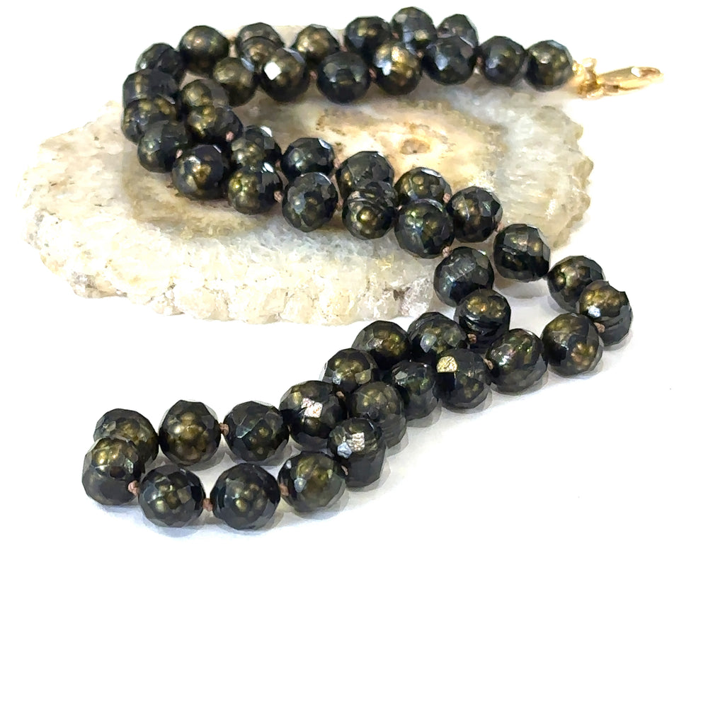 Elegant 18 inch black pearl necklace handmade in Boston, Massachusetts on white long center view