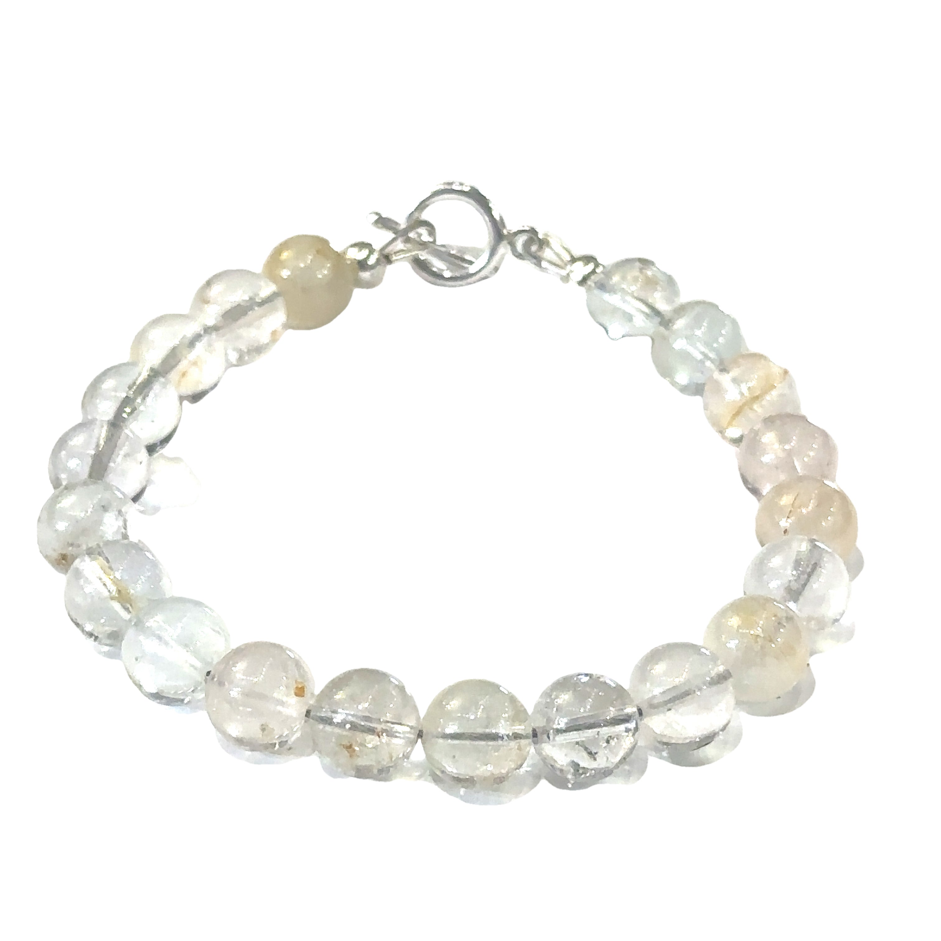 Elegant Blue Topaz crystal bracelet for knowledge, communication, and strength on white front overview