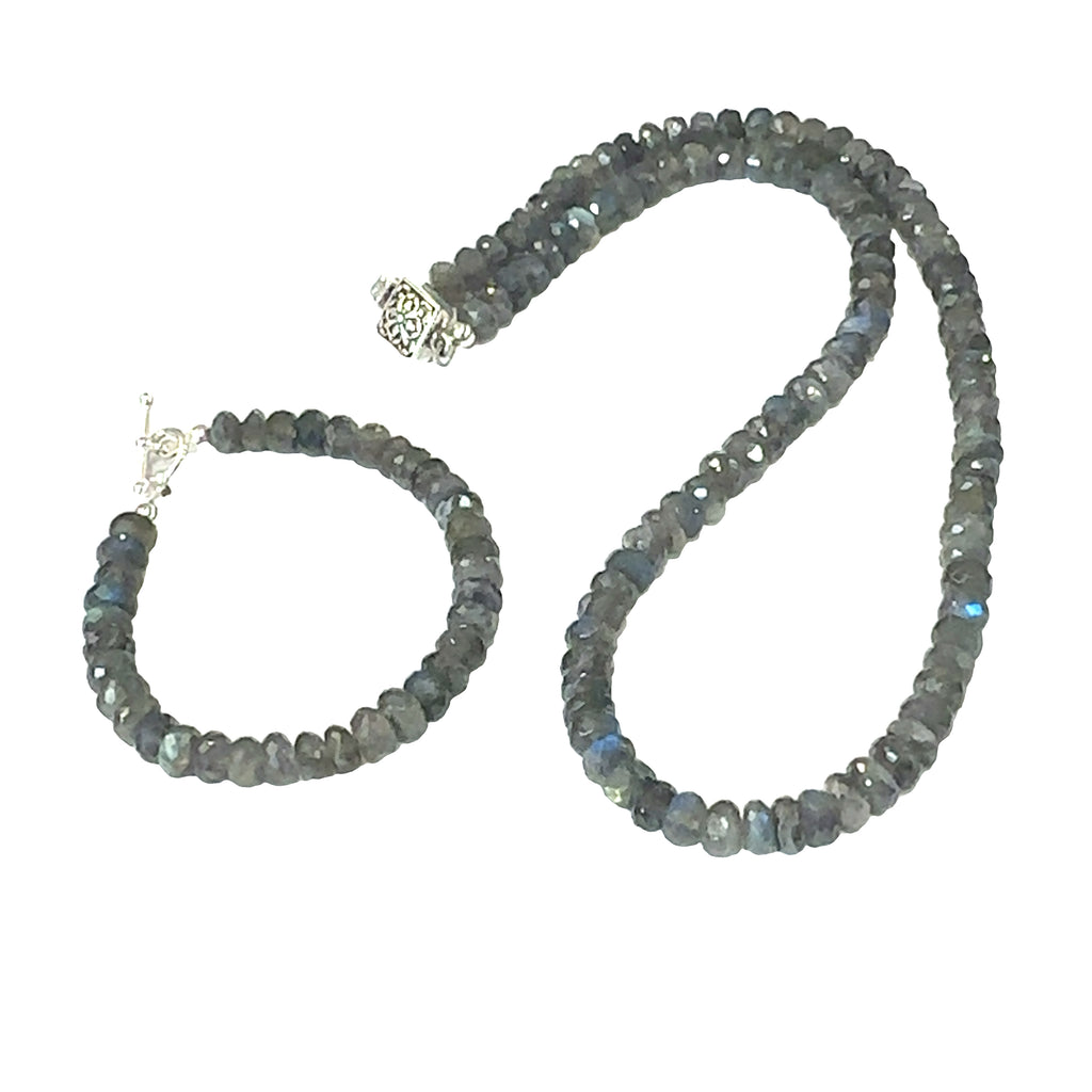 Elegant Labradorite gemstone necklace with decorative sterling silver clasp, perfect for layering on white overview