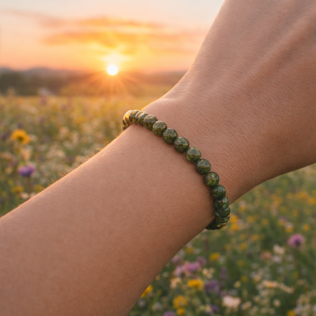 Epidote Gemstone Beaded Bracelet – 7" , Handmade Jewelry