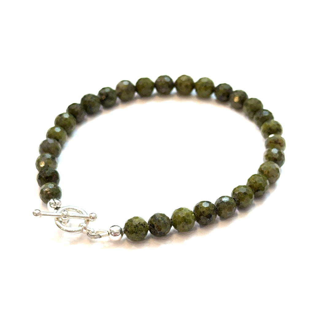 Epidote Gemstone Beaded Bracelet on white center bottom left angle overview