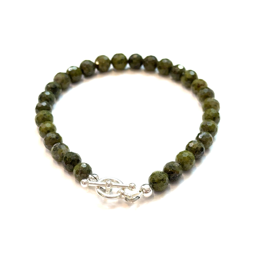 Epidote Gemstone Beaded Bracelet on white front center bottom overview