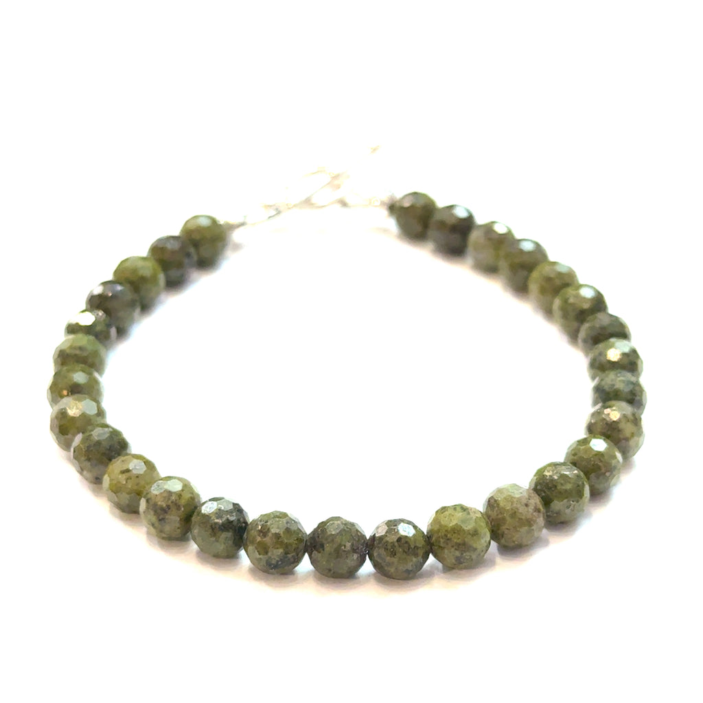Epidote Gemstone Beaded Bracelet on white front center overview