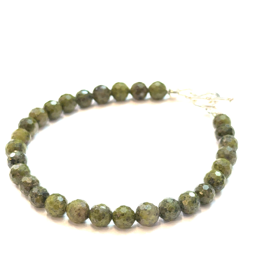 Epidote Gemstone Beaded Bracelet on white front center right angle  overview