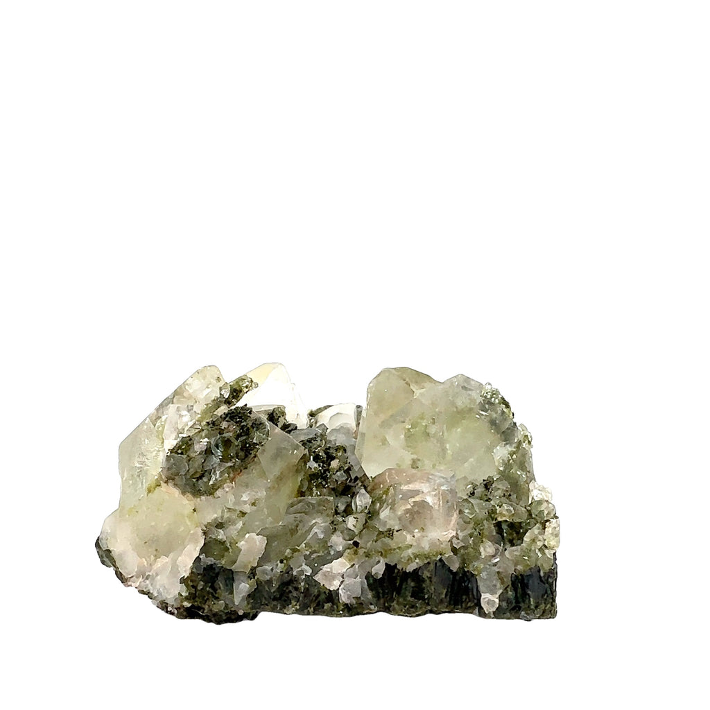 Epidote in Quartz Gemstone Cluster on white B-221g side view