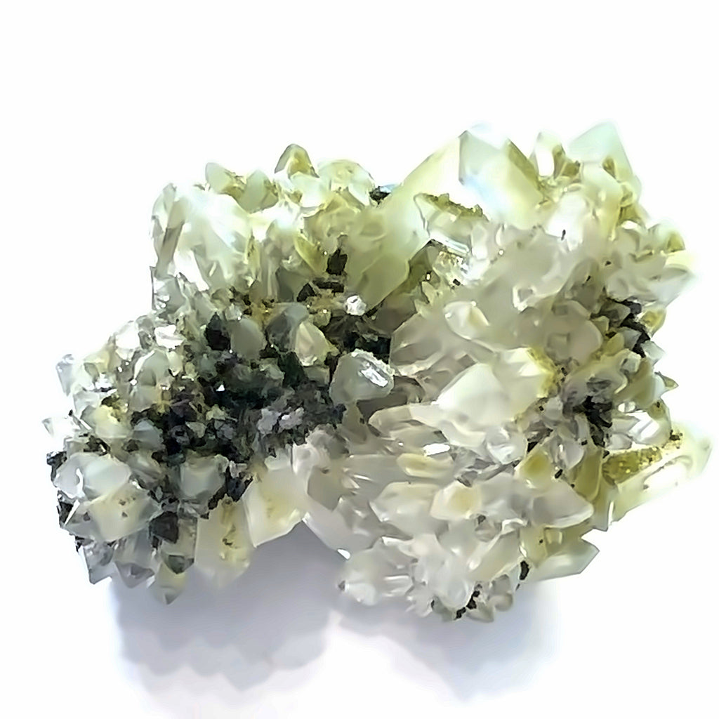 Epidote in Quartz Gemstone Cluster on white close up view