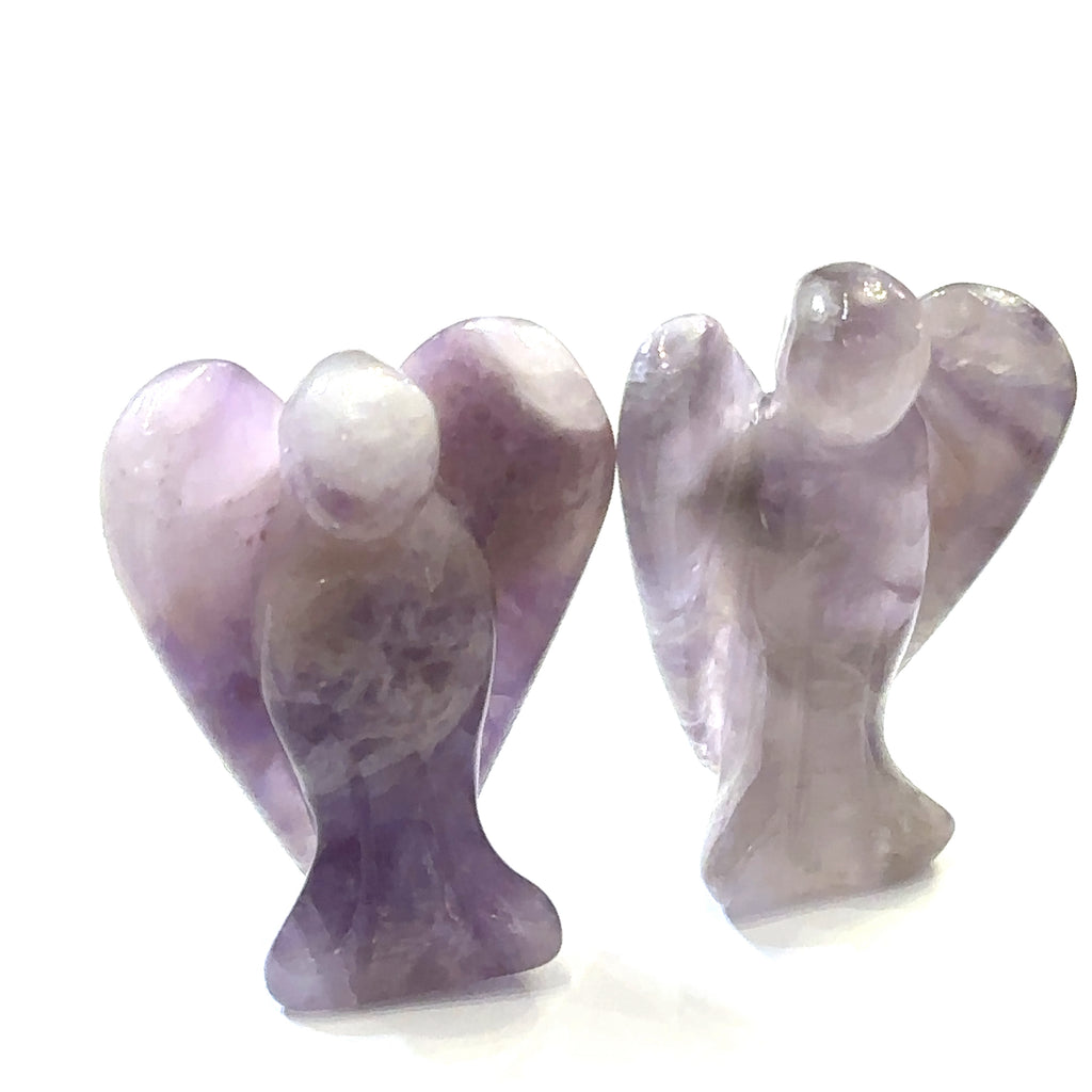 Ethically sourced Amethyst gemstone angel for intuition, healing, and peace on white front view