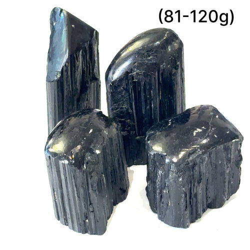 Ethically sourced Black Tourmaline raw gemstone with polished point grouping of gemstone (81-120g) on white front overview