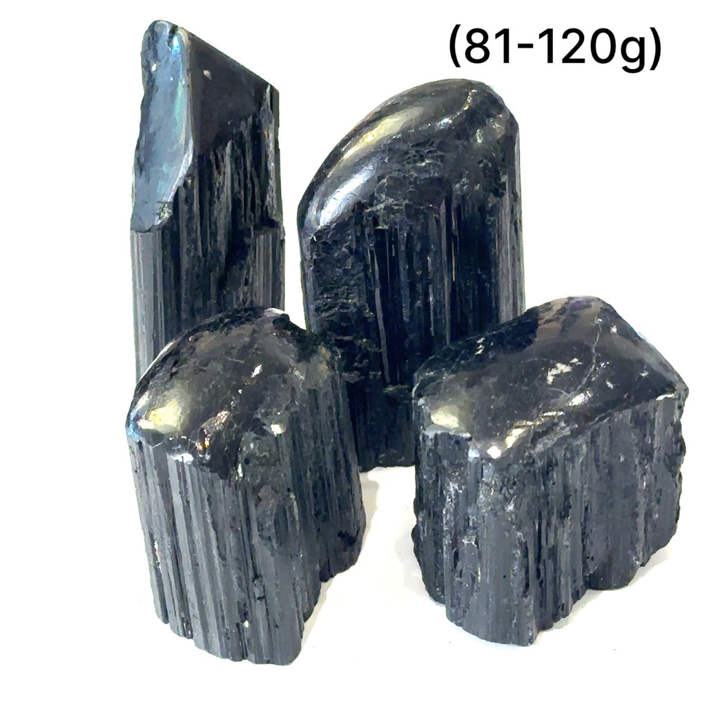 Ethically sourced Black Tourmaline raw gemstone with polished point grouping of gemstone (81-120g) on white front overview