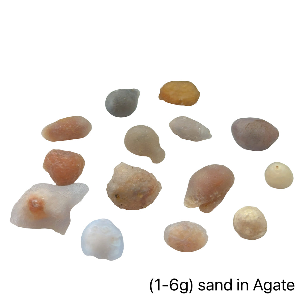 Ethically sourced Gobi agate specimen for emotional resilience and stability, on a white background, front overview. (1-6) Gobi Deserts Agate with sand in them. 