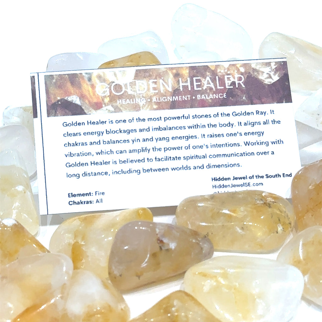 Ethically sourced Golden Healer Quartz tumbled gemstone with radiant golden hues with information card on white overview