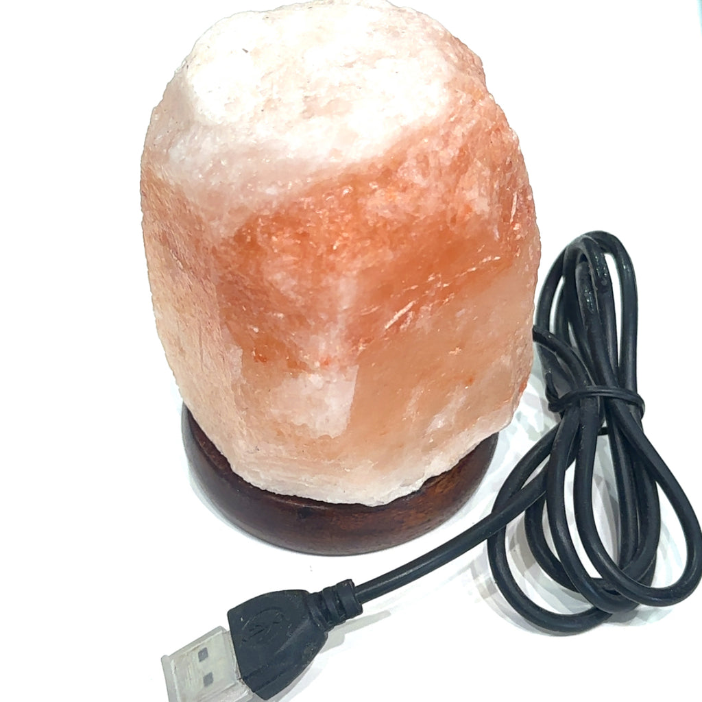 Ethically sourced Pink Himalayan Salt lamp for purification, cleansing, and protection on white front overview