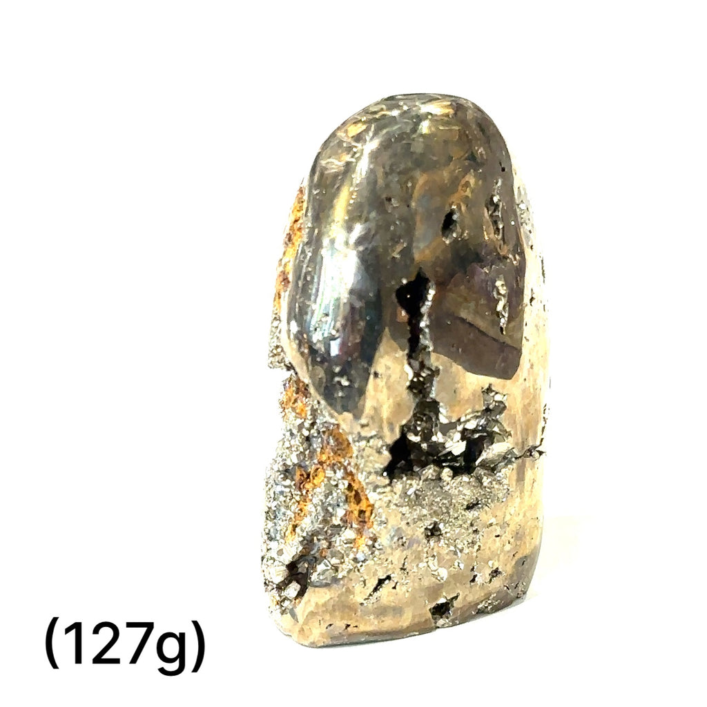 Ethically sourced Pyrite free-form gemstone glowing with golden tones, symbolizing manifestation, vitality, and confidence. 127g on white front view