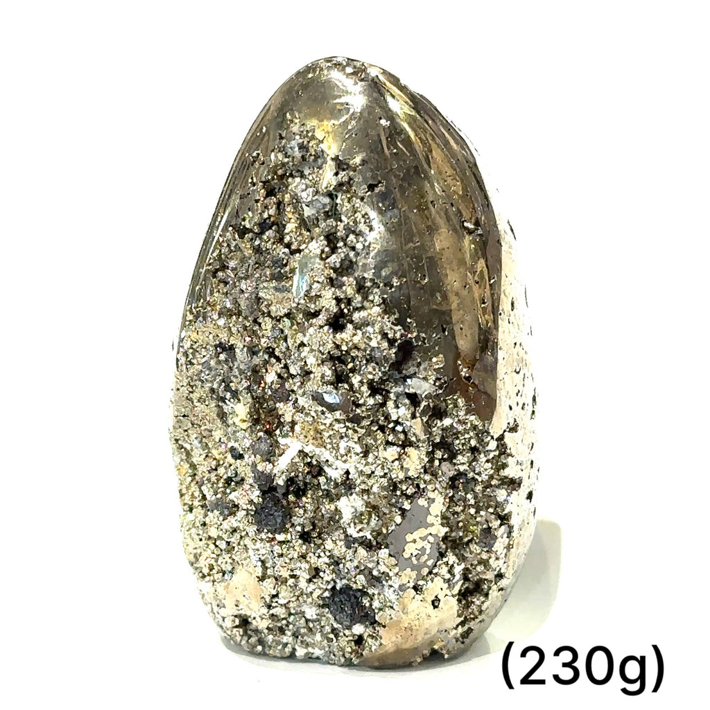 Ethically sourced Pyrite free-form gemstone glowing with golden tones, symbolizing manifestation, vitality, and confidence. on white (230g) front up close view
