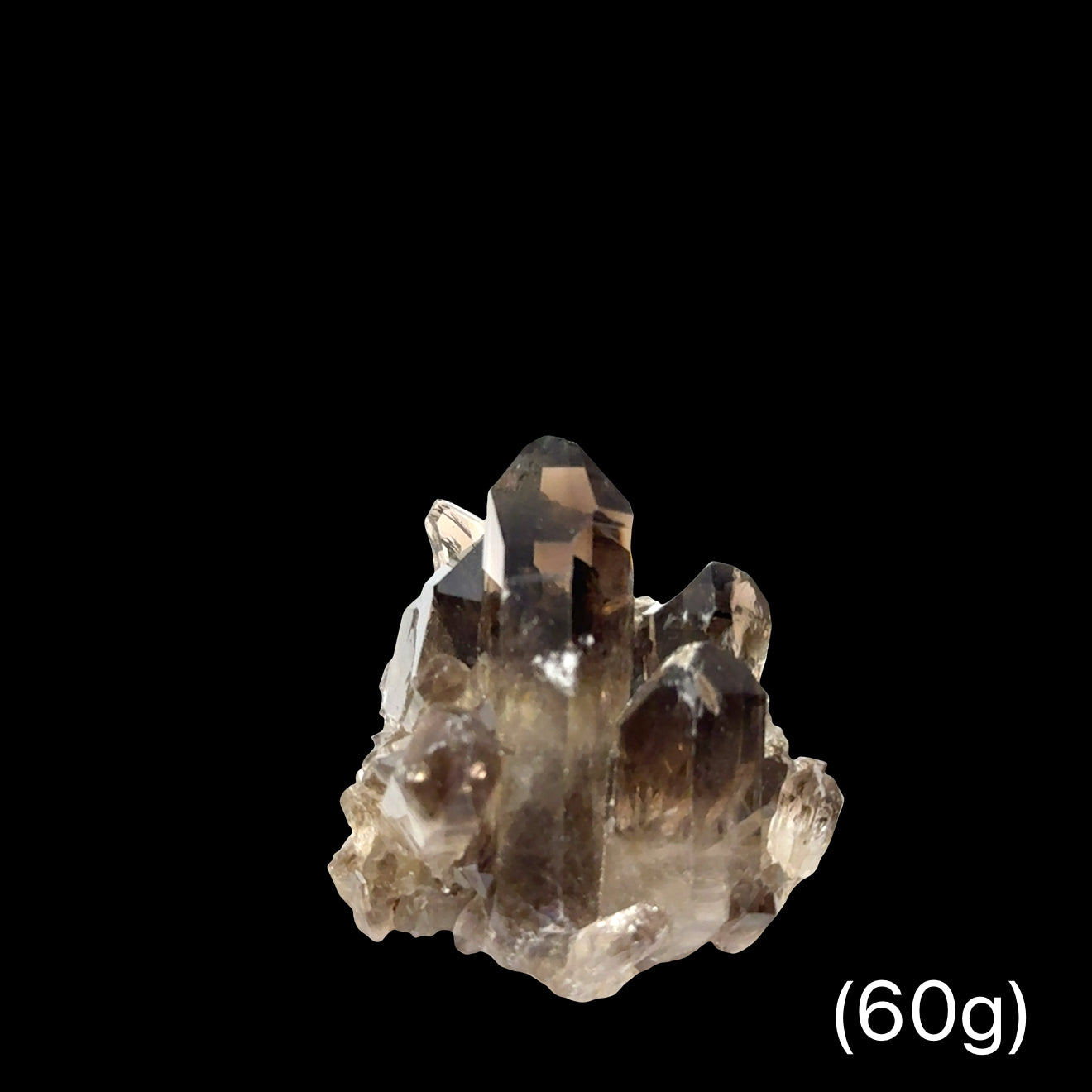 Ethically sourced Smokey Quartz druzy point for root chakra healing weighs (60g), on a black background, front view.