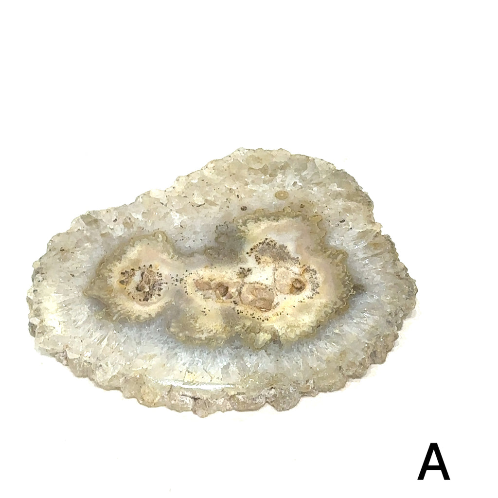 Ethically sourced raw and polished agate gemstone slice with natural patterns #A front view