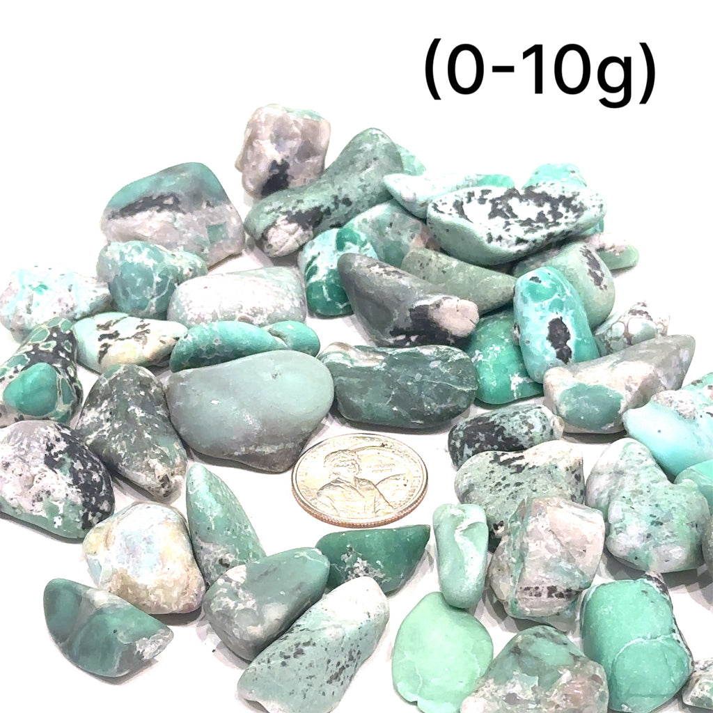 Ethically sourced semi‑tumbled Variscite gemstone for emotional healing and inner peace grouping (0-10g) on white overview