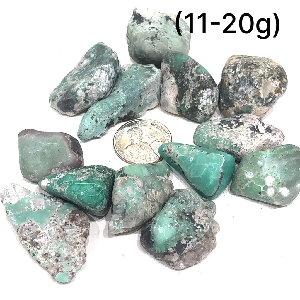 Ethically sourced semi‑tumbled Variscite gemstone for emotional healing and inner peace grouping (11-20g) on white overview