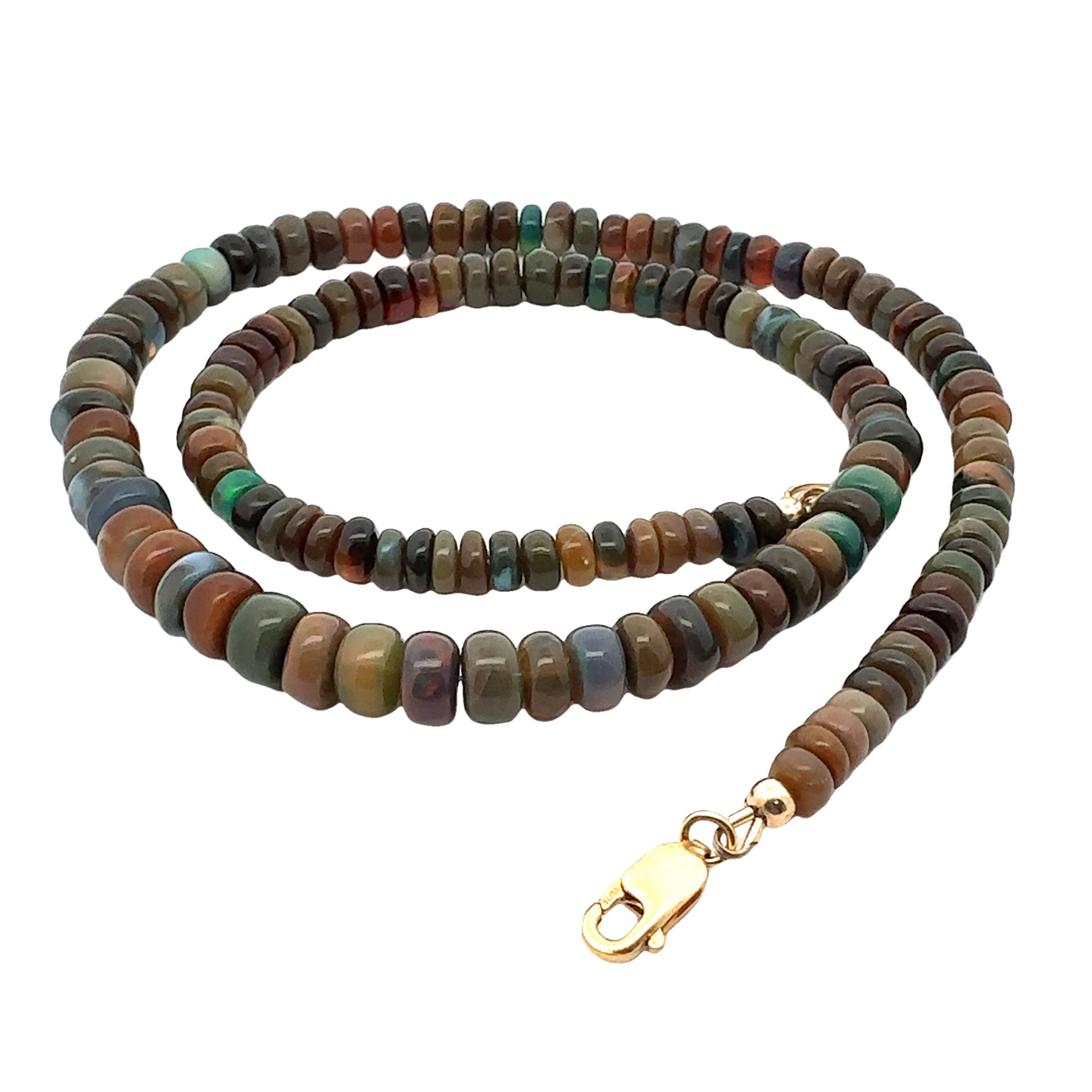 Ethiopian Black Opal Gemstone Necklace on white  spiral back clasp overview