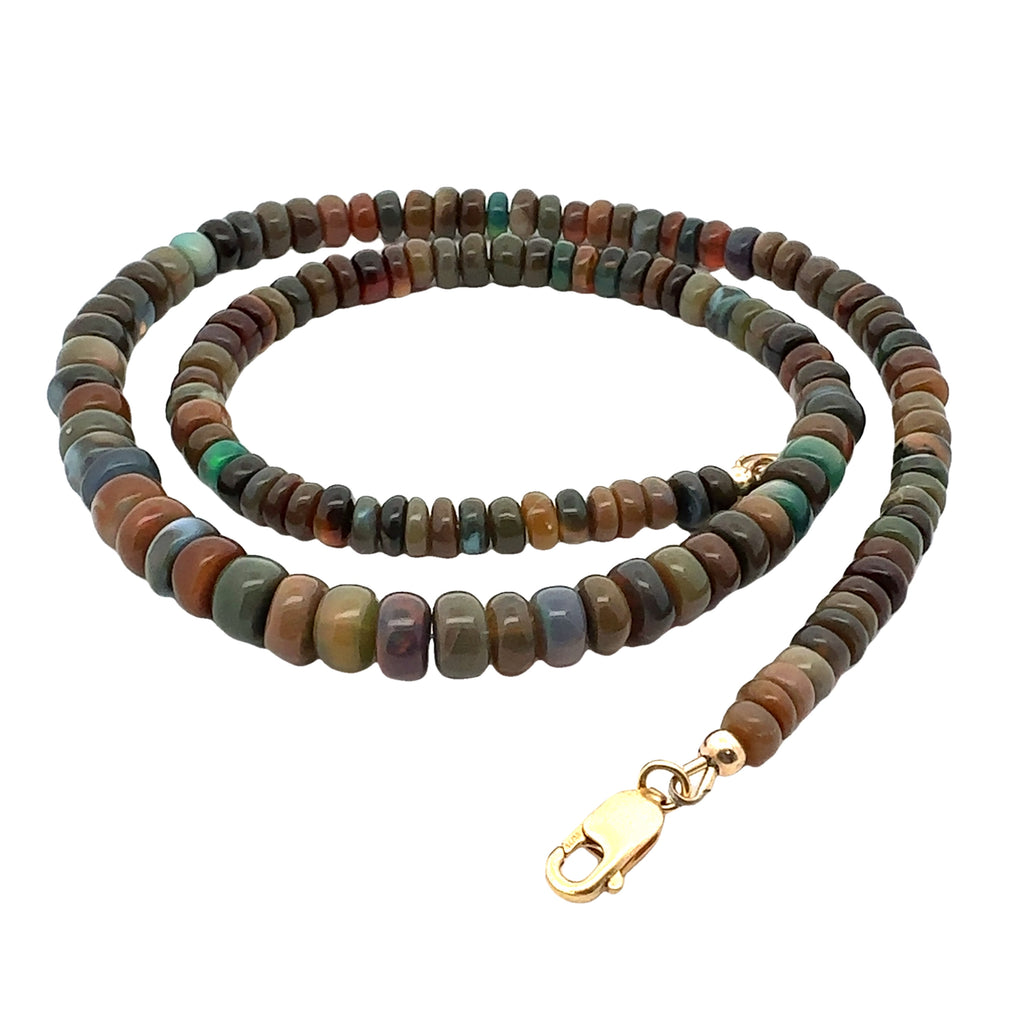 Ethiopian Black Opal Gemstone Necklace on white  spiral back clasp overview