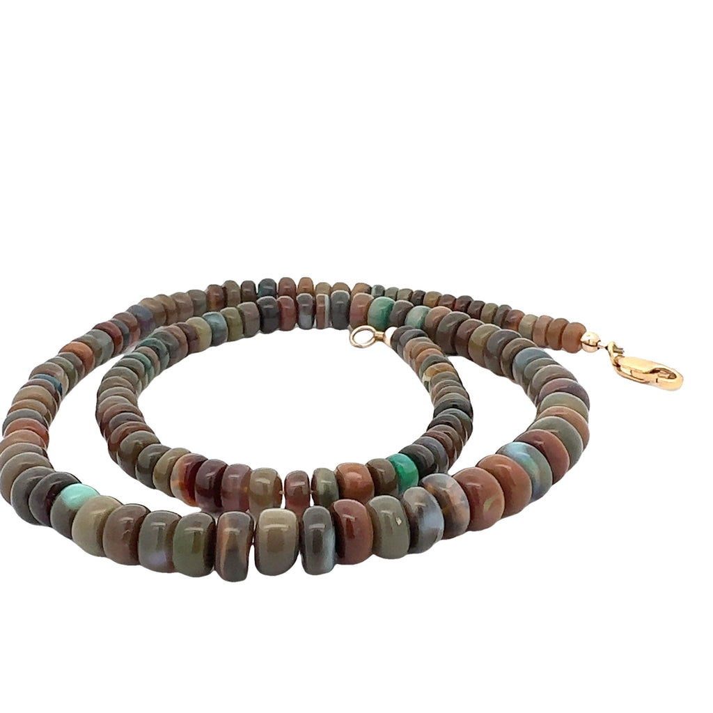 Ethiopian Black Opal Gemstone Necklace on white  spiral right side clasp overview