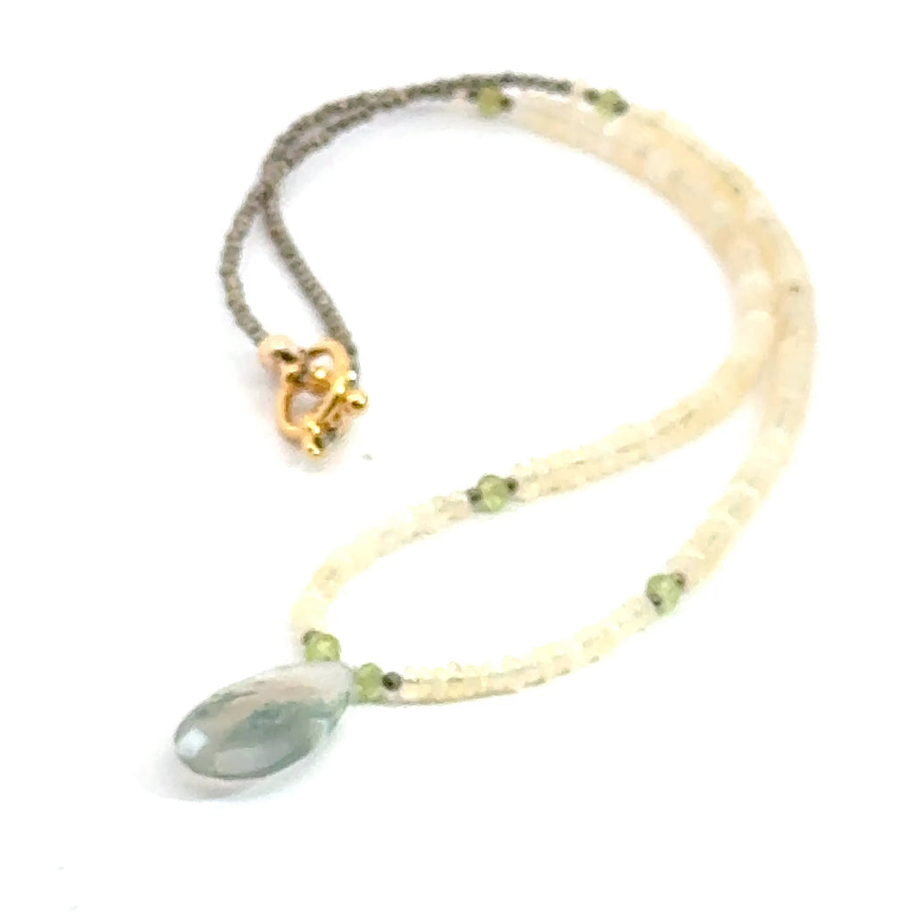 Ethiopian Opal Gemstone Necklace – Pyrite & Moss Agate on white front view