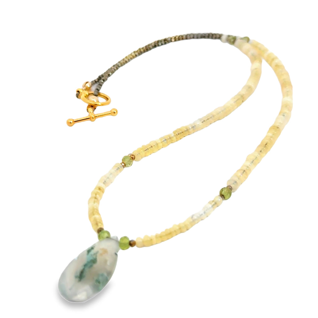 Ethiopian Opal Gemstone Necklace – Pyrite & Moss Agate on white right angle over view