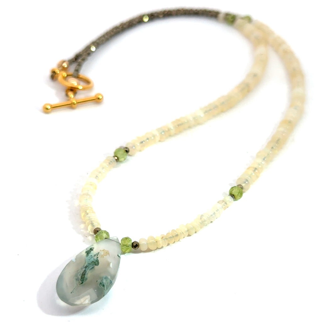 Ethiopian Opal Gemstone Necklace – Pyrite & Moss Agate on white right angle view